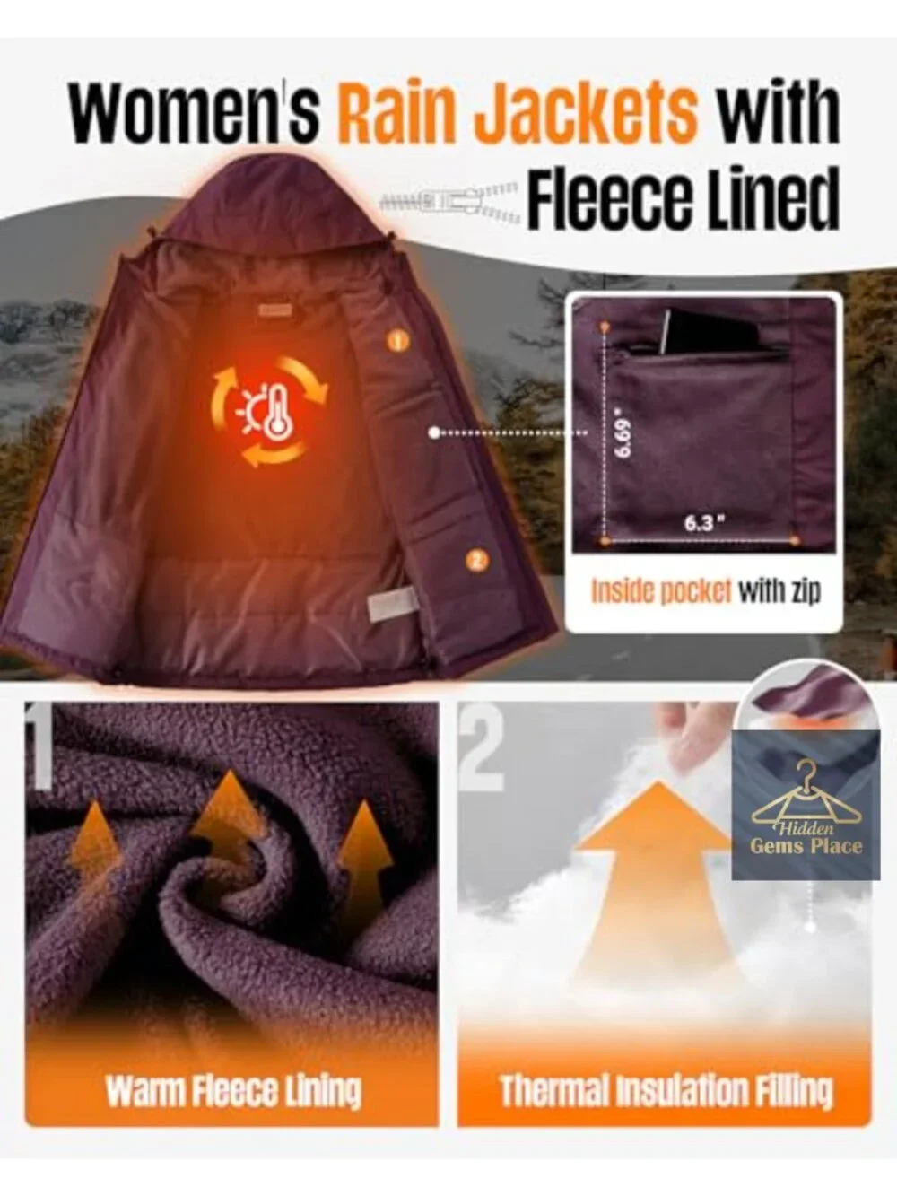 Waterproof Fleece Lined Women's Rain Jacket with Hood